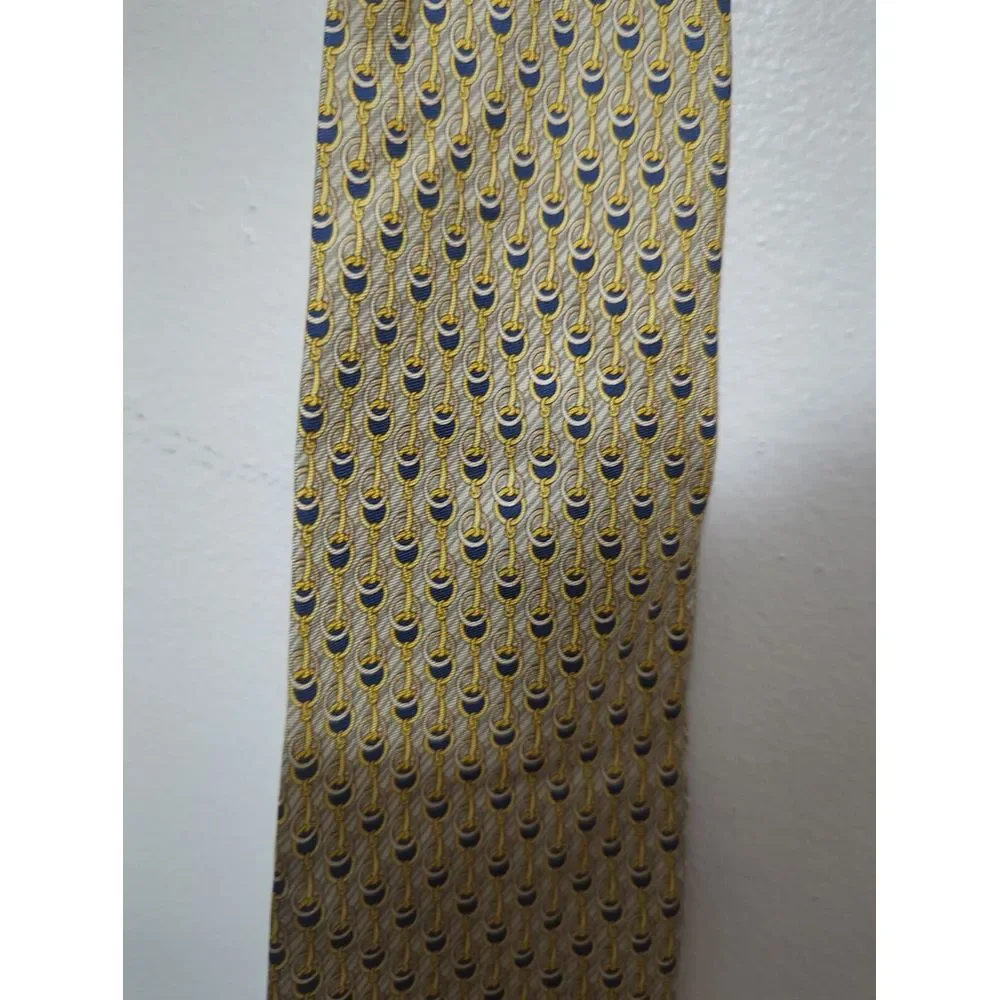 Pura Seta Mens Silk Tie Tan Gold Blue Equestrian‎ Horsebit Chain Made in Italy